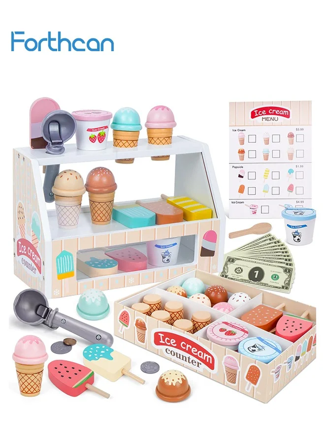 Forthcan Wooden Ice Cream Shop Playset for Kids, Pretend Role Play Store with Cash Register and Accessories (Multicolor, 1 Set) 9rvh7