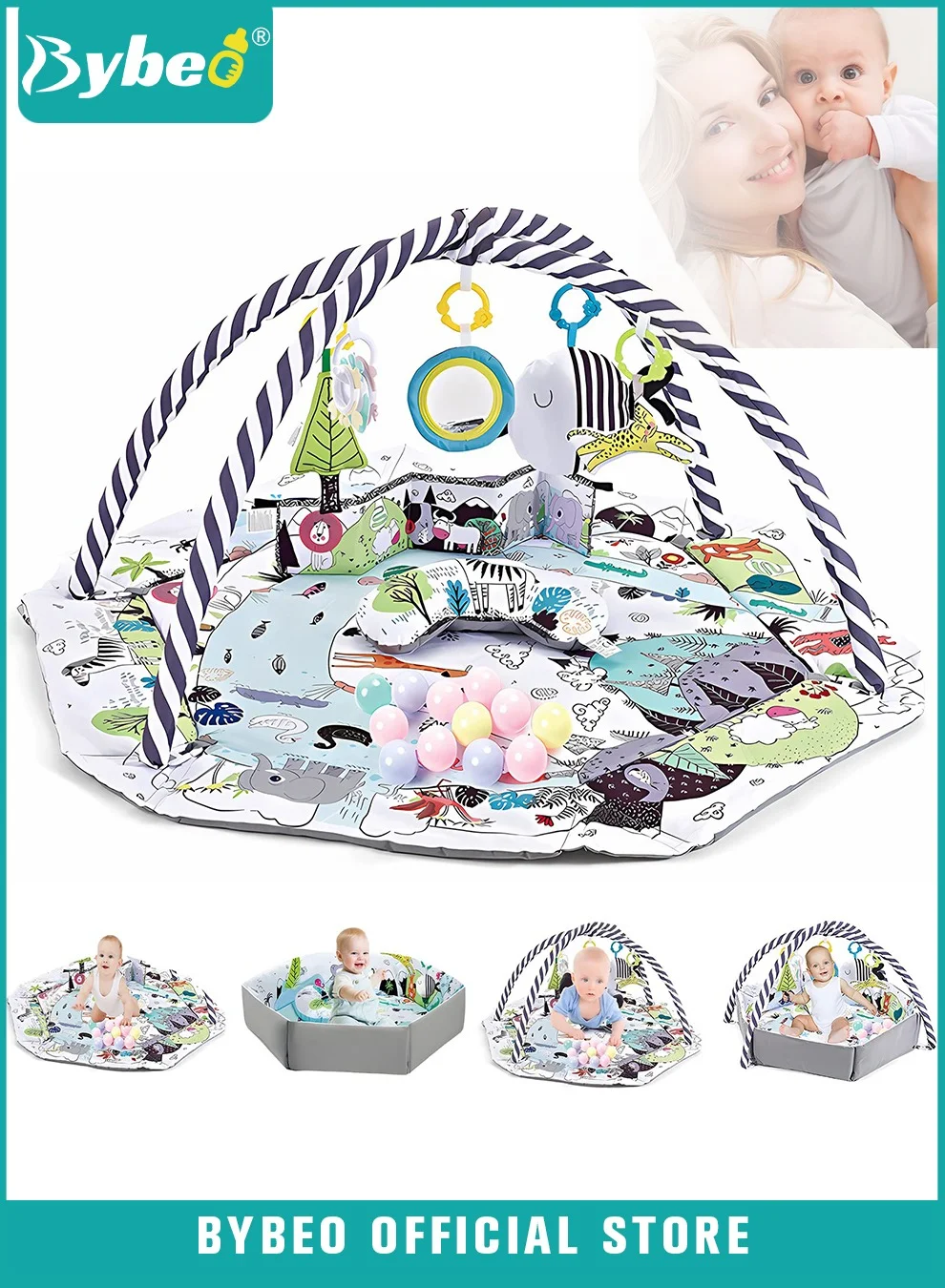 Bybeo 5-in-1 Baby Play Gym Activity Center with 8 Detachable Sensory Toys for Newborns and Infants (Multicolor, 90 cm x 90 cm) s22nz