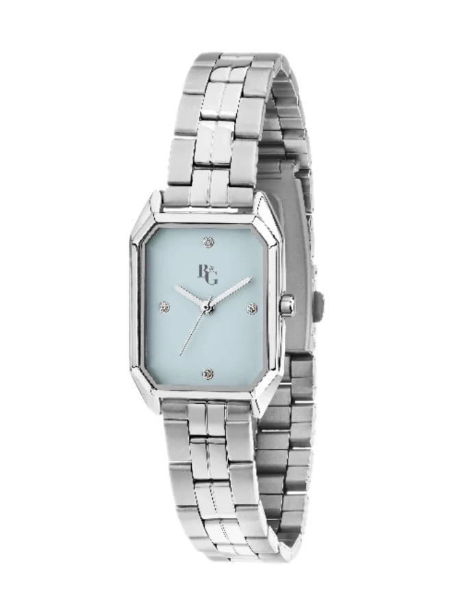 B&G Women's Rectangular Analog Watch with Silver Stainless Steel Band (Blue Dial, 36mm) 1auqh