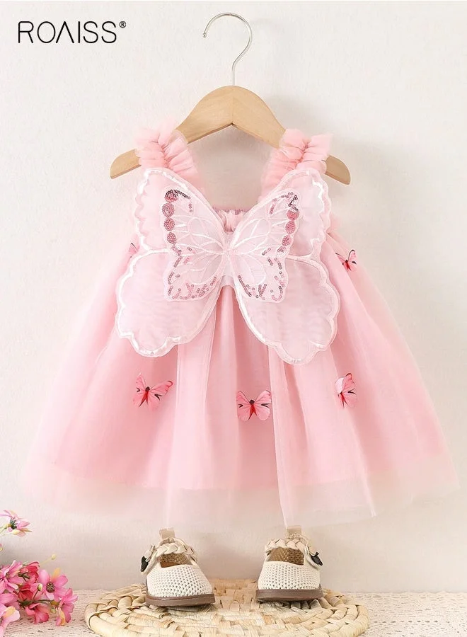 Roaiss Girls Tulle Butterfly Dress Sleeveless A-line Frock for Parties and Daily Wear (Pink, 120cm) 6zfr2