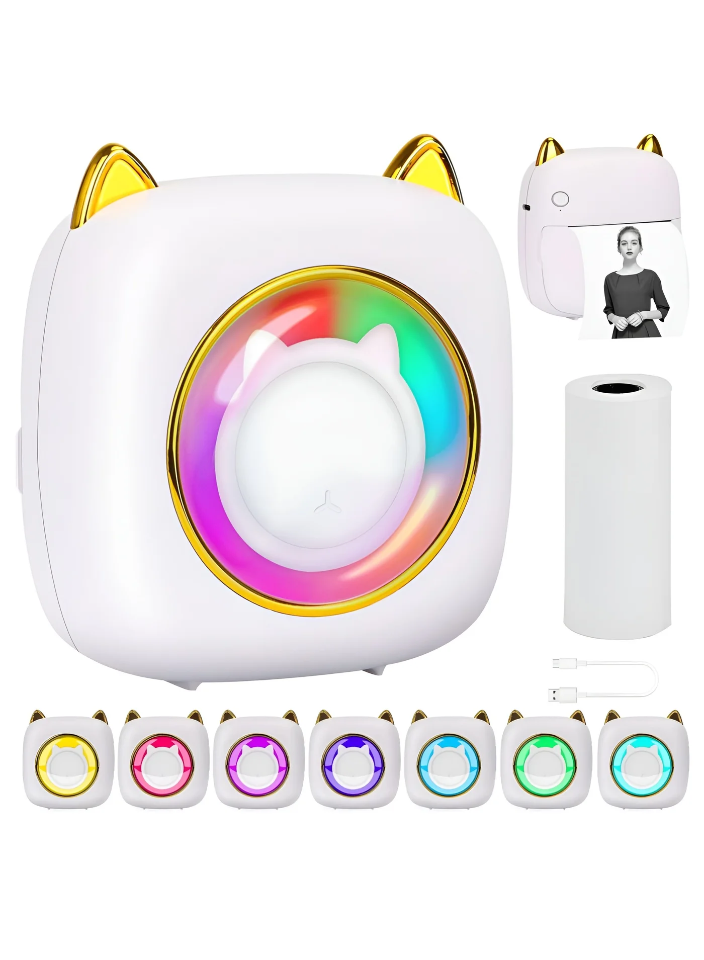 BORTONY Mini Thermal Printer Wireless Pocket Label Maker with 7 RGB Light Effects for Photos and Notes (1 Roll, White) orm8e