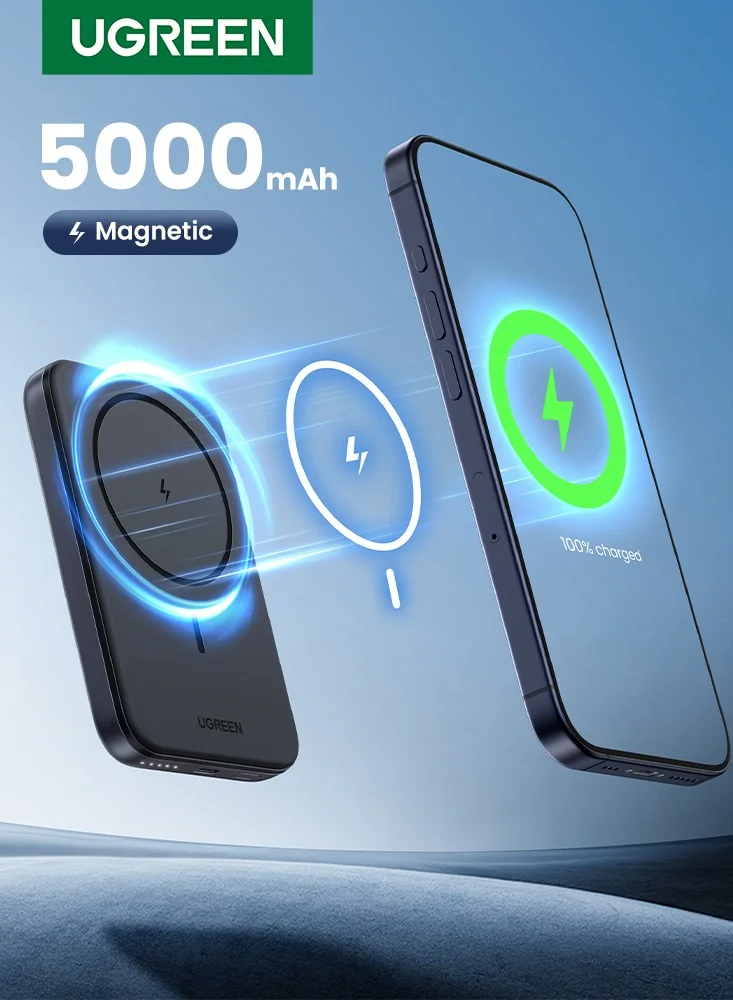 Ugreen Magnetic Wireless Power Bank 5000mAh Portable Fast Charger PD 15W Battery Pack for Smartphones and Earbuds (Gray) mg1yr