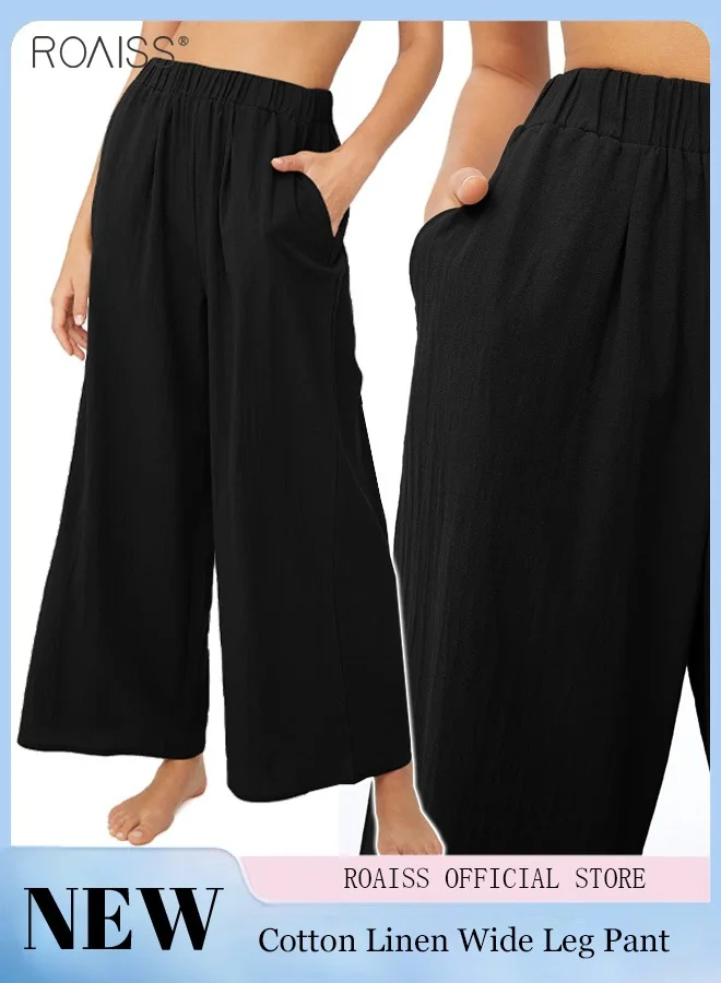 Roaiss Women Cotton Linen Wide Leg Pants, Lightweight Breathable Trousers with Elastic Waistband and Side Pockets (Beige, Medium) 6i3d1