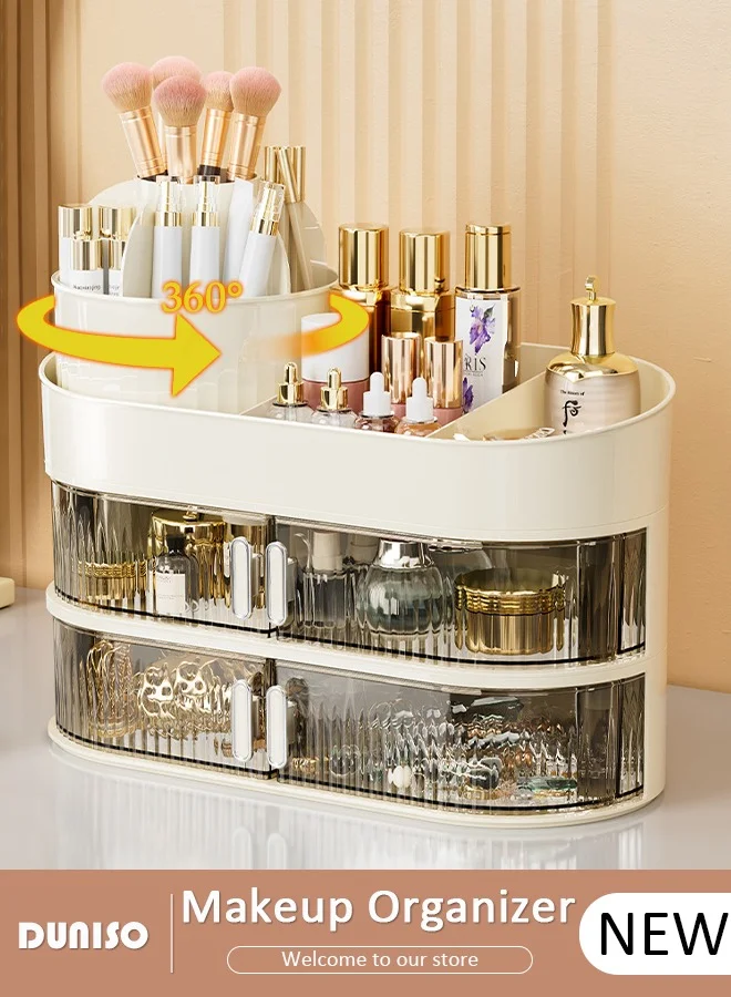 DUNISO 3-Layer Rotating Makeup Organizer with 2 Drawers, Large Capacity Cosmetic Display Case with Brush Holder for Vanity Countertop (Clear, 34 cm x 23 cm) 5xomn