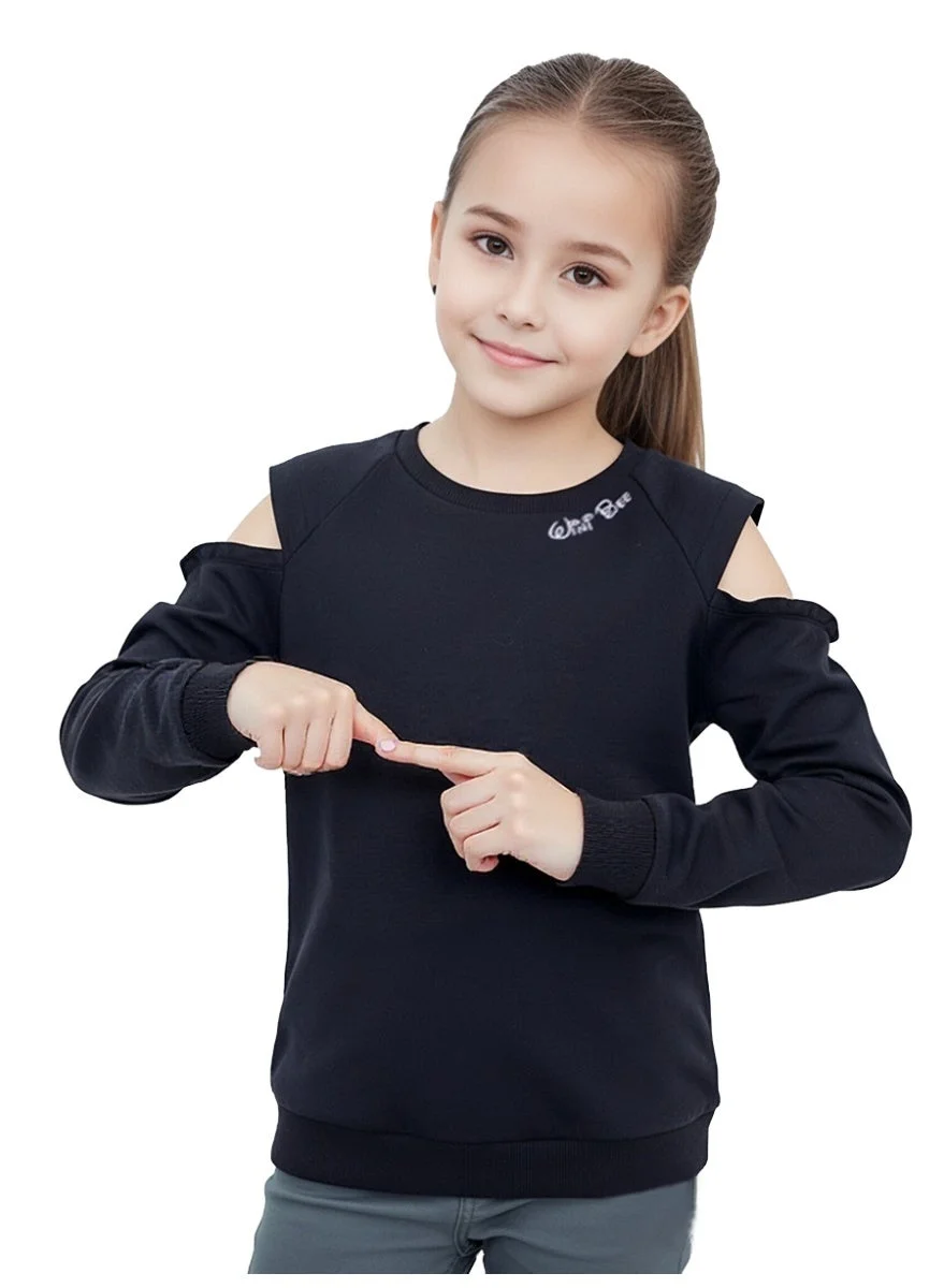 WiNi BEE Girls Cold Shoulder Sweatshirt with Ruffle Detail and Rose Graphic (Black, 8-16 Years) 9tvm7