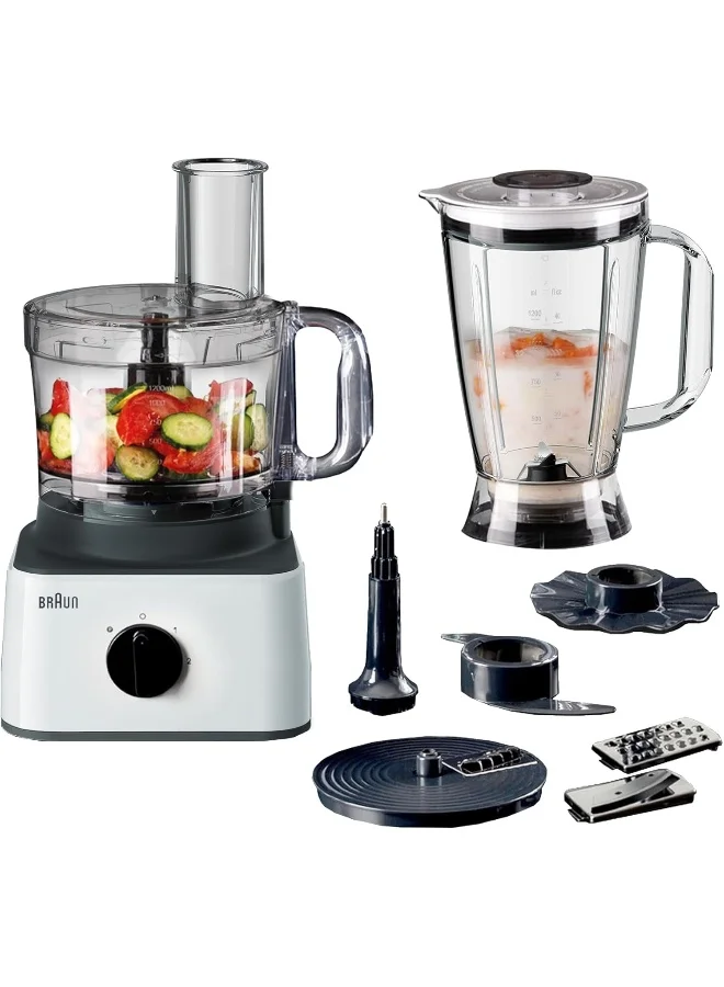 Premium 8-in-1 Food Processor with 2.1L Bowl and 1.8L Blender Attachment, 750W Motor, Multi-Function Slicing and Grating (White) vjs7p