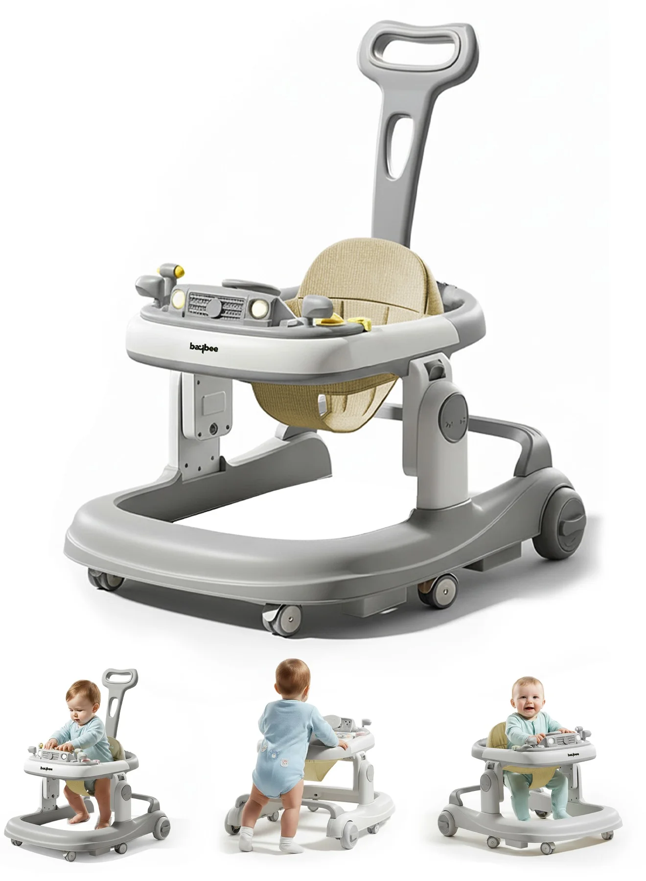 BAYBEE 3-in-1 Baby Walker with Parental Handle and Musical Tray (Grey, Adjustable Height) fl8lh