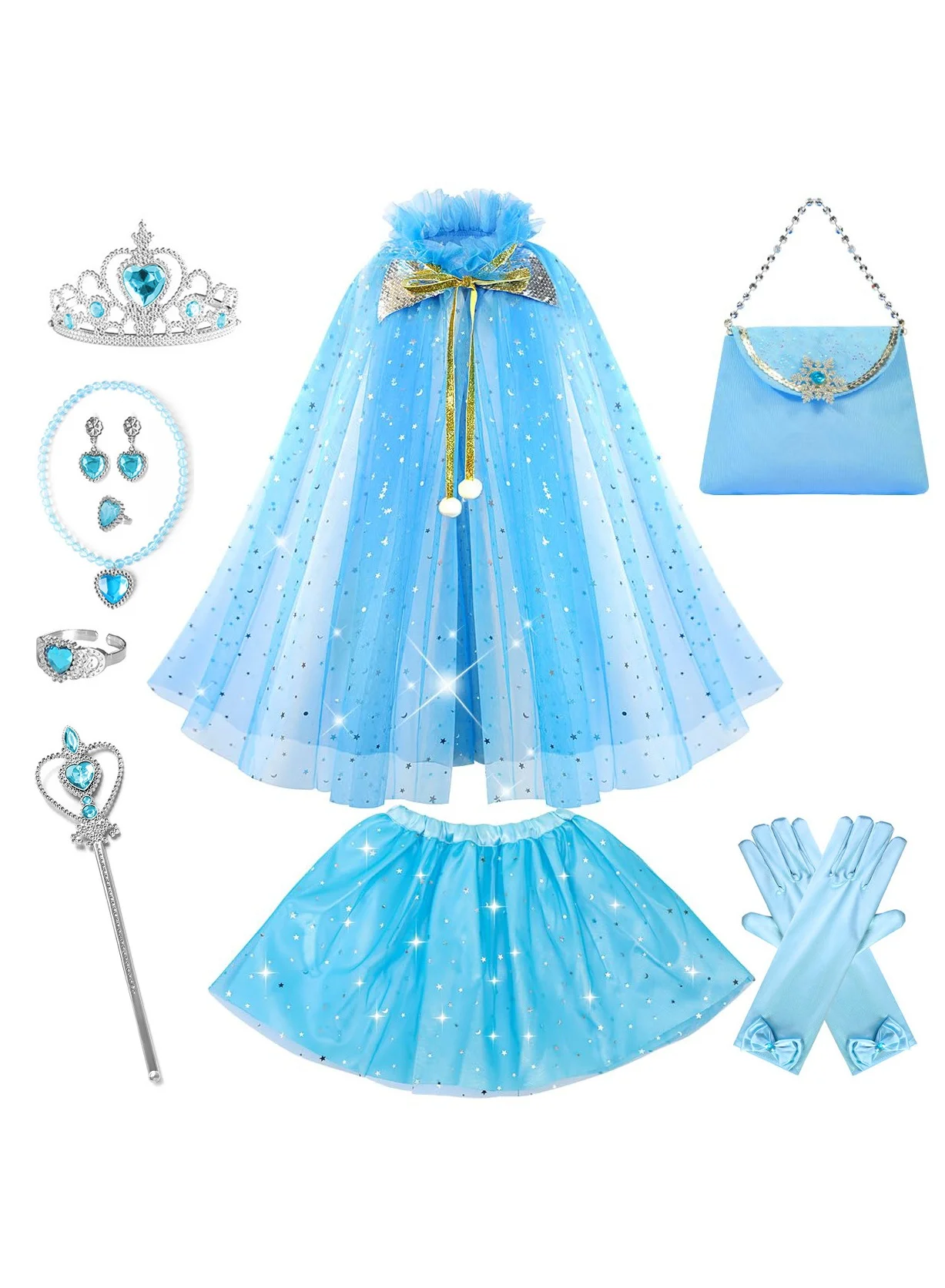JAYATO Mermaid Princess Costume Set with Sequined Cloak and Dress (Blue, 8-Piece Set) kzapz