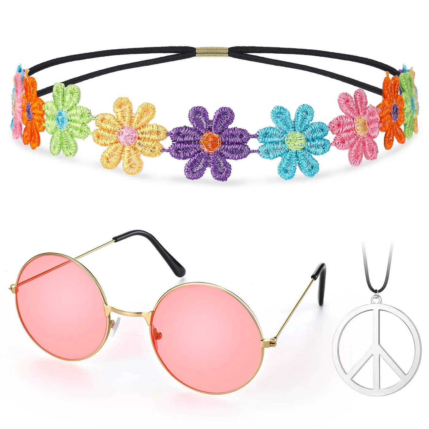 Fiada 60s Hippie Costume Accessory Set with Round Glasses Peace Sign Necklace and Daisy Headband (Pink, One Size) hyns6