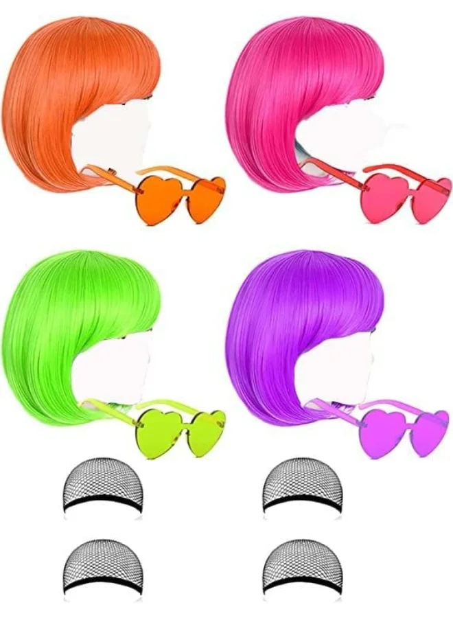 KOWVOWZ Short Bob Cosplay Wigs with Heart Shape Sunglasses (Multicolor, 4 Pack) y005f