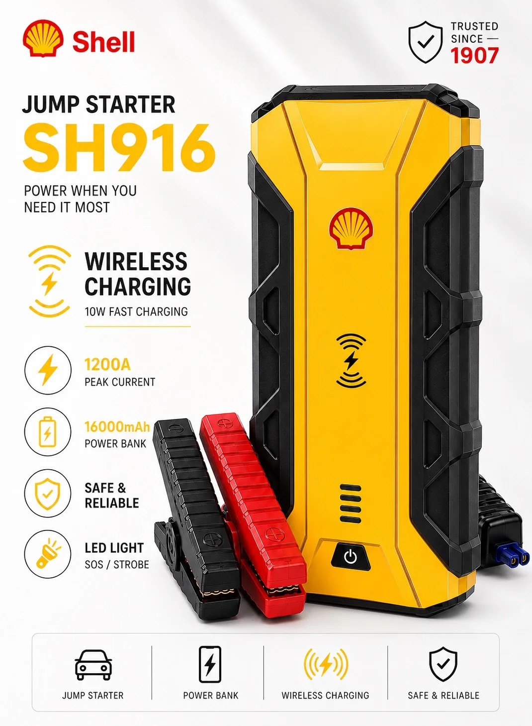 Shell Portable Car Jump Starter and Power Bank (16000mAh, 12V, LED Flashlight, USB Fast Charging) 12lsu