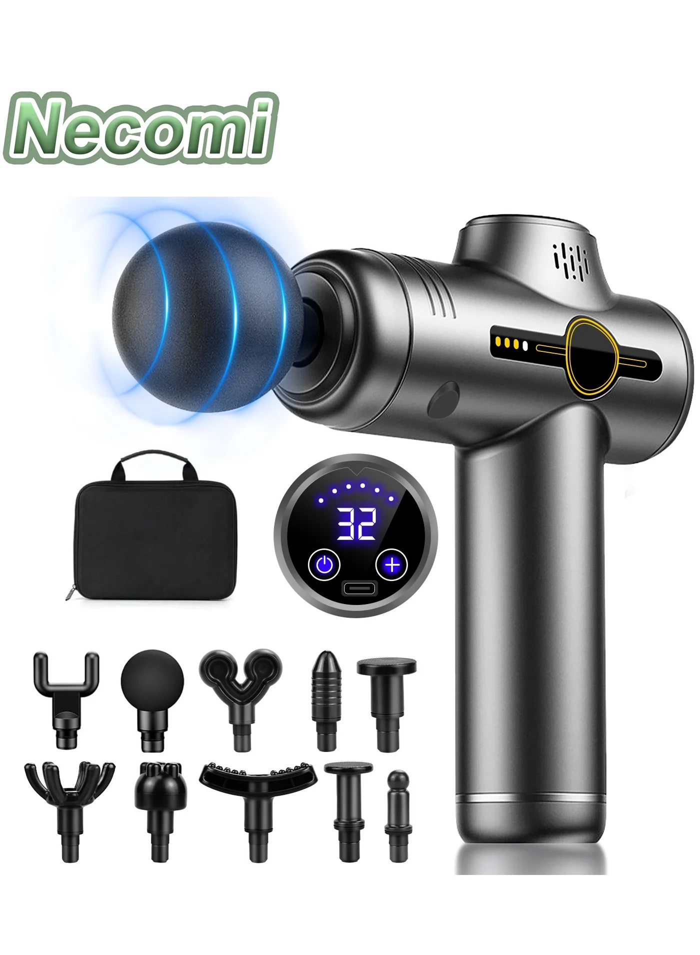 Necomi Deep Tissue Massage Gun with 10 Interchangeable Heads and 30 Speed Settings for Full Body Recovery (Professional Grade) 1tzx0