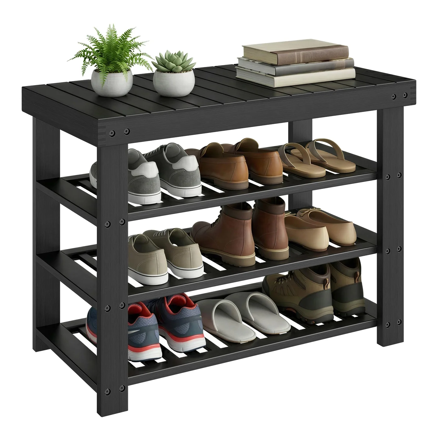 Premium Bamboo Shoe Rack Bench 4-Tier Storage Organizer for Entryway (Black, 70 x 28.7 x 52 cm) uakld