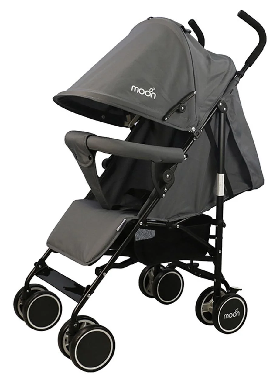 Moon Lightweight Travel Stroller Compact Umbrella Fold Multi-Recline with Storage Basket (Mid Grey, 18kg Capacity) cmdbo