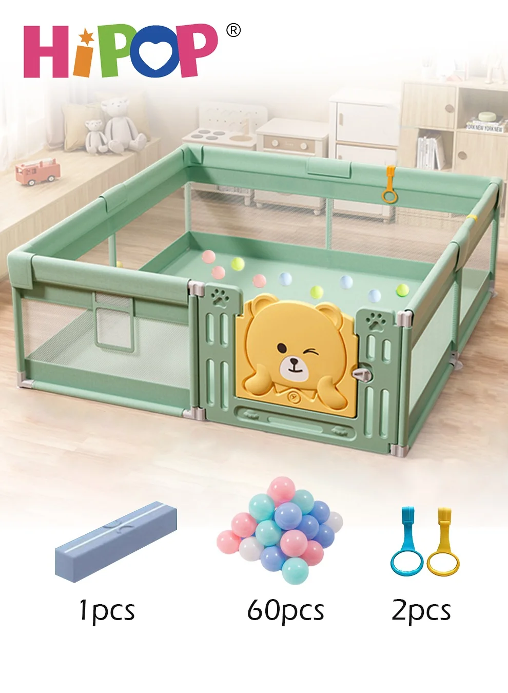 HIPOP Kids Playpen with Safety Gate and Play Mat, Includes 60 Ocean Balls, Sturdy Suction Cup Base, Indoor Activity Fence (150x180cm) zy9r3