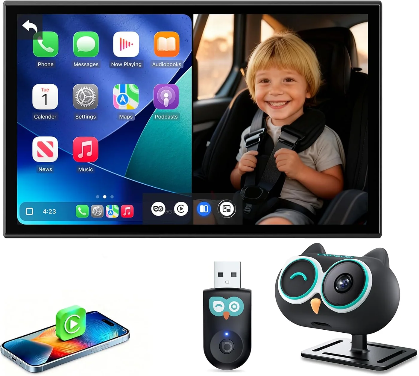 Premium Baby Car Camera with Wireless CarPlay 1080P Night Vision and Split Screen Navigation (Black, 1 Unit) nl6k1