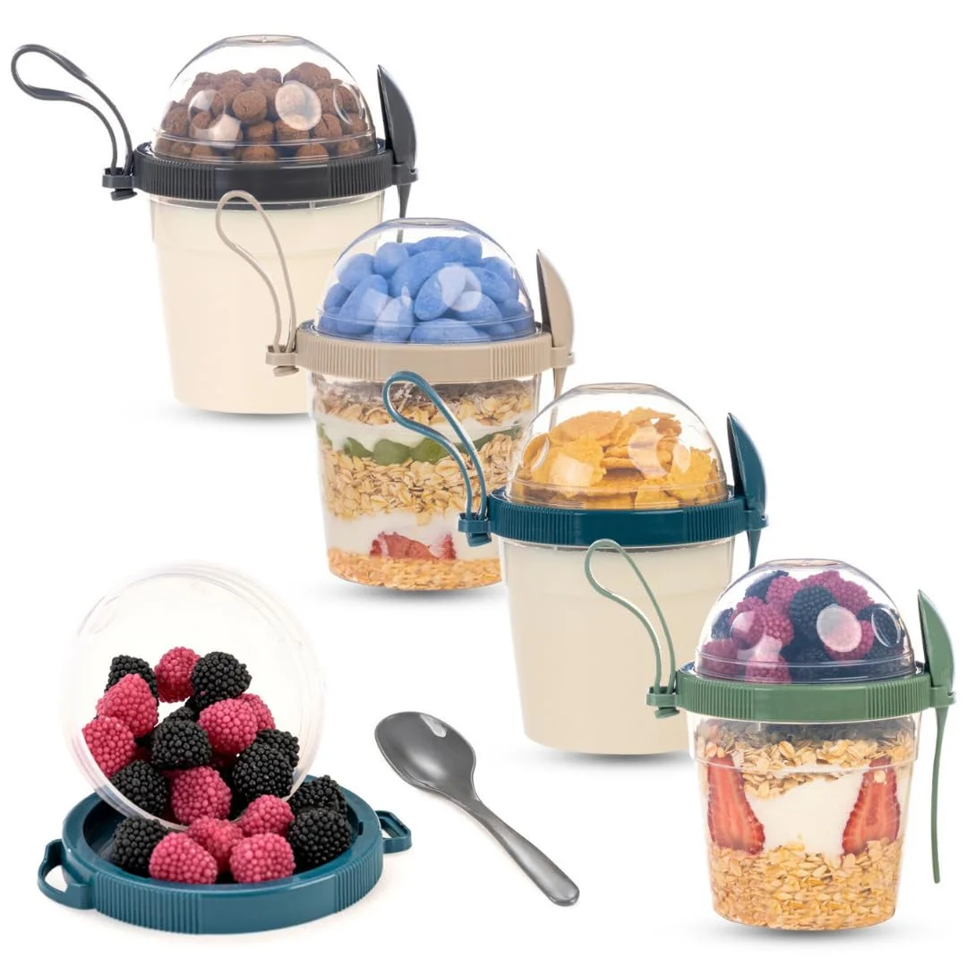 EYNEL On The Go Cereal Yogurt Cup Set with Lid and Spoon (4-Piece Set, 500 mL) zfux4
