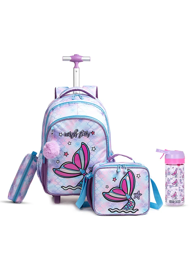Eazy Kids 4-Piece Trolley School Bag Set with Tritan Water Bottle (Mermaid Purple, 420 mL, 18 Inch) j7sev