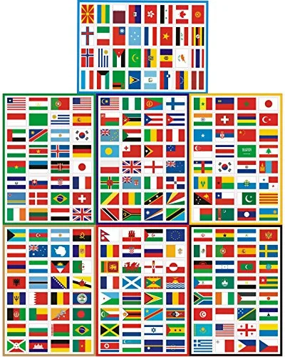 TamBee International Country Flag Stickers Set (224 Pieces, 7 Packs) Decorative Vinyl Decals for Travel, Sports Events, and Educational Use 1ke2l