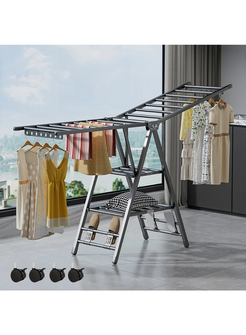 ZUCNG 3-Tier Folding Clothes Drying Rack with Shoe Holders, Adjustable Laundry Hanger for Indoor and Outdoor Use (180 cm) 2nsx7
