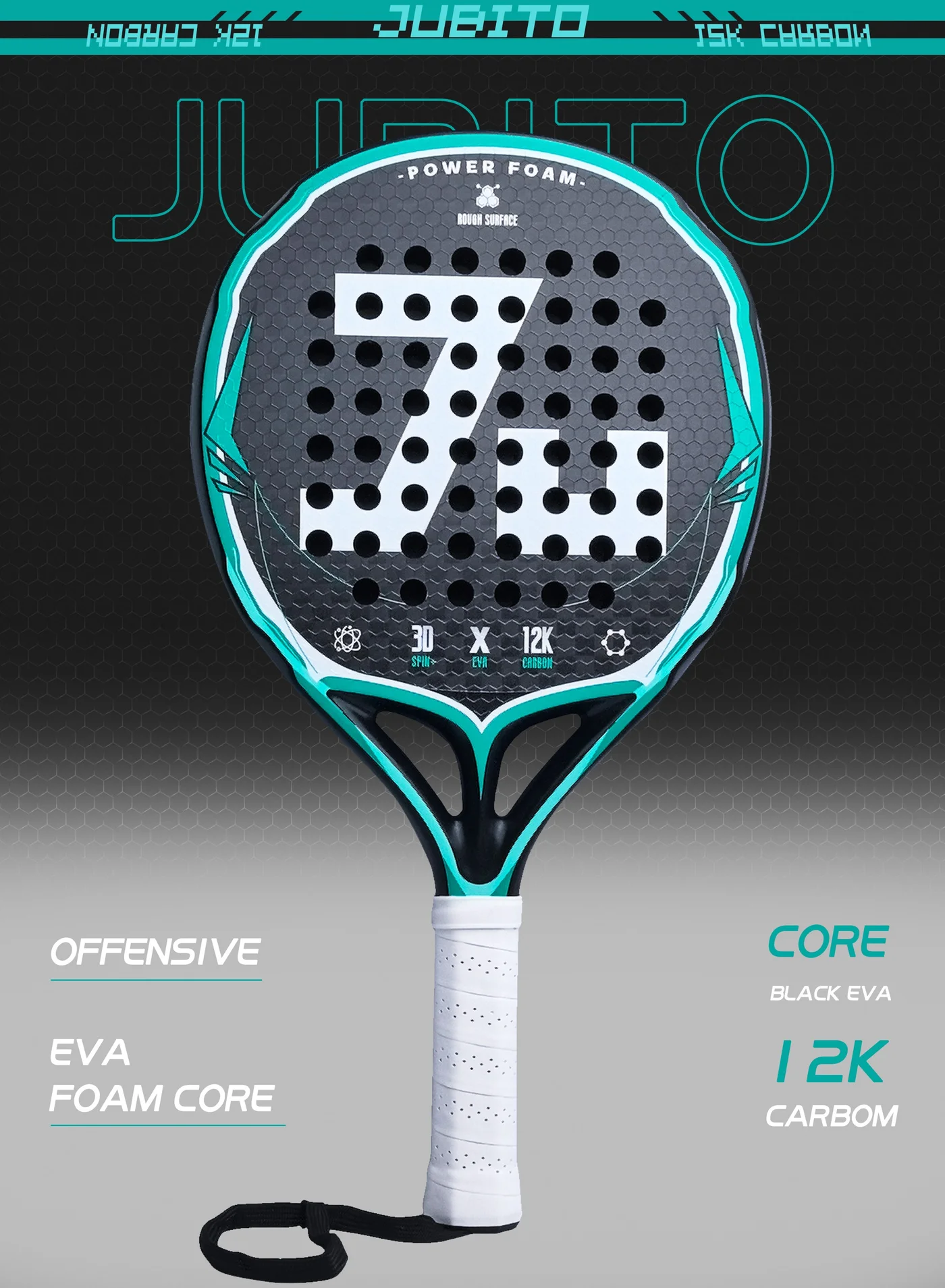 JUBITO Padel Racket 12K Carbon Fiber Offensive Tennis Paddle (345 g) ijhuu