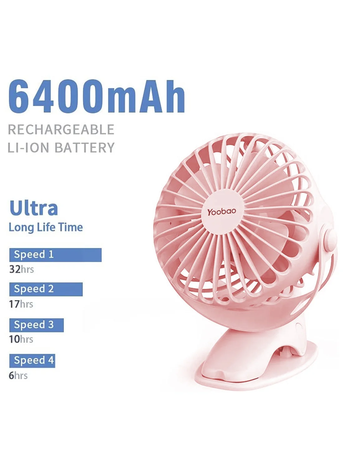 Premium Rechargeable Mini Clip Desktop Fan Portable Cooling Device with 6400mAh Battery (Pink) ynzhx