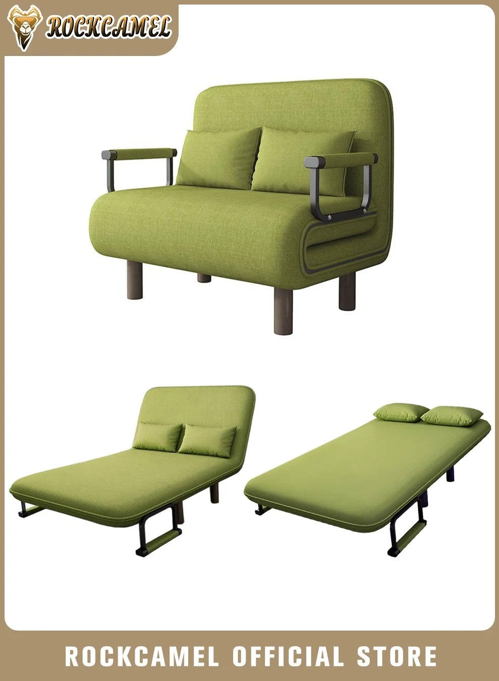ROCKCAMEL 3-In-1 Convertible Sofa Bed, Adjustable Recliner Chair with Flannel Fabric, Includes Two Pillows (100cm Wide) 3a6cn