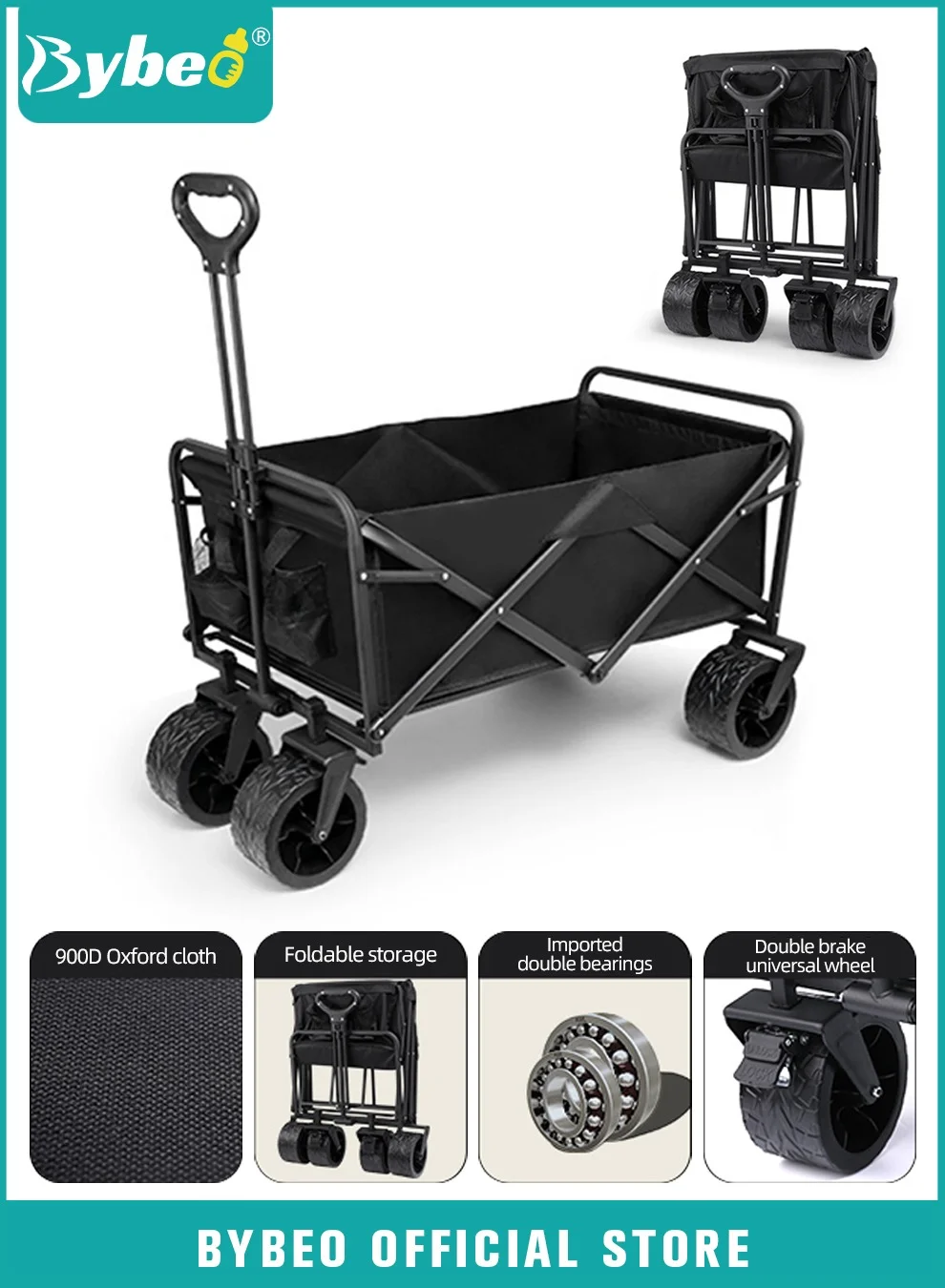 Bybeo Foldable Utility Wagon Cart Heavy Duty Collapsible Trolley with Adjustable Handle for Camping Garden Picnic (Large Capacity) 82lga