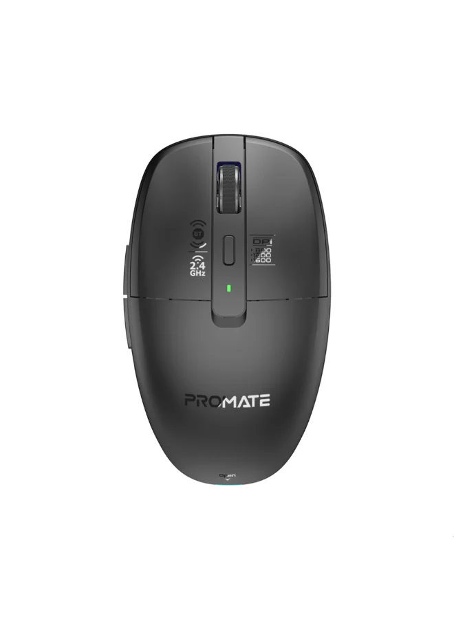 PROMATE Triple Mode Wireless Mouse with Bluetooth 5.1, Dual 2.4GHz USB-A & USB-C Connectivity, Silent Click, 7-Color LED (Black) pnoq3