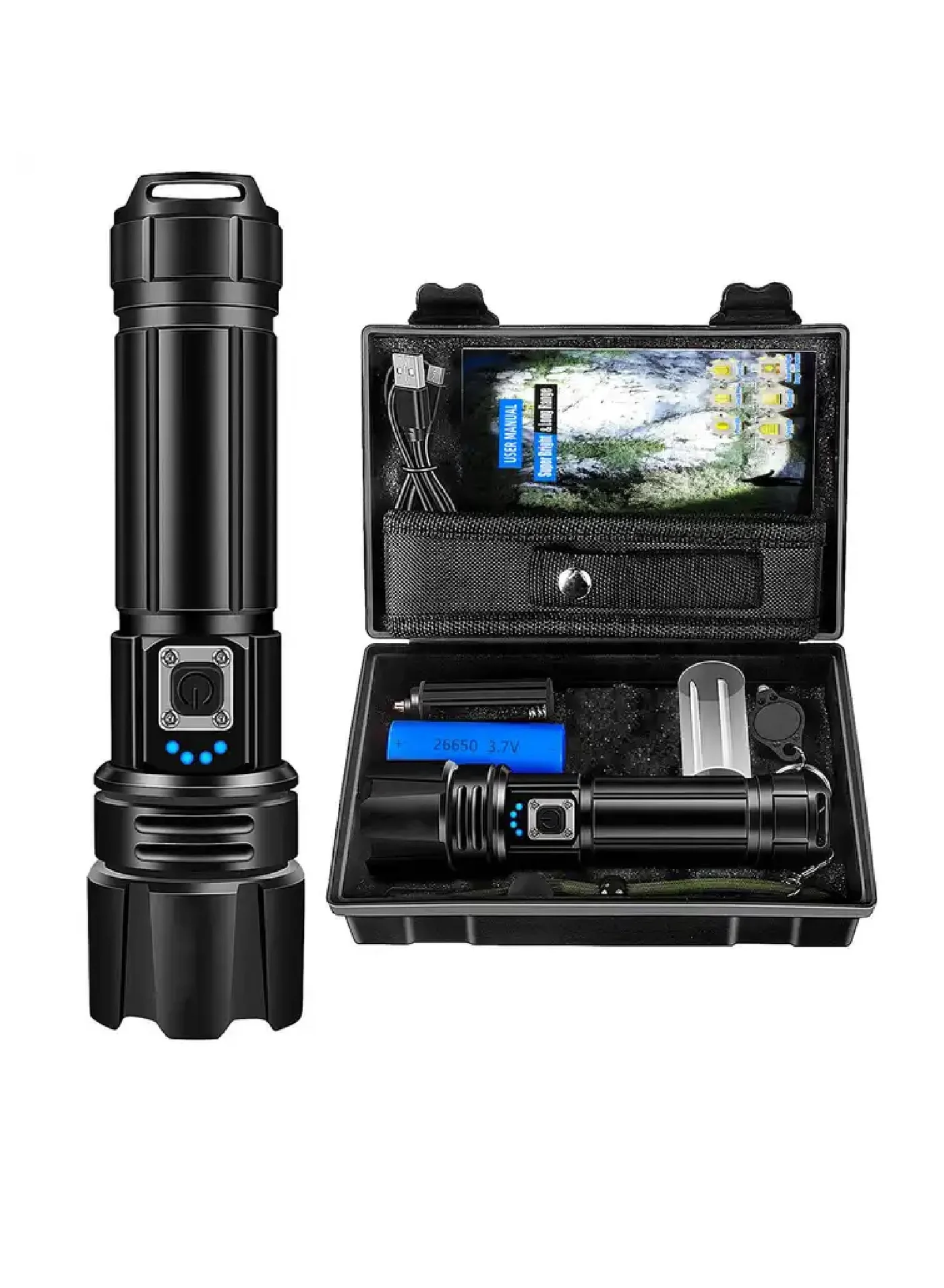 Protect Rechargeable Tactical Flashlight High Lumens Waterproof Zoomable LED Torch for Outdoor Camping and Emergency (Black, 5000mAh) ebh9f
