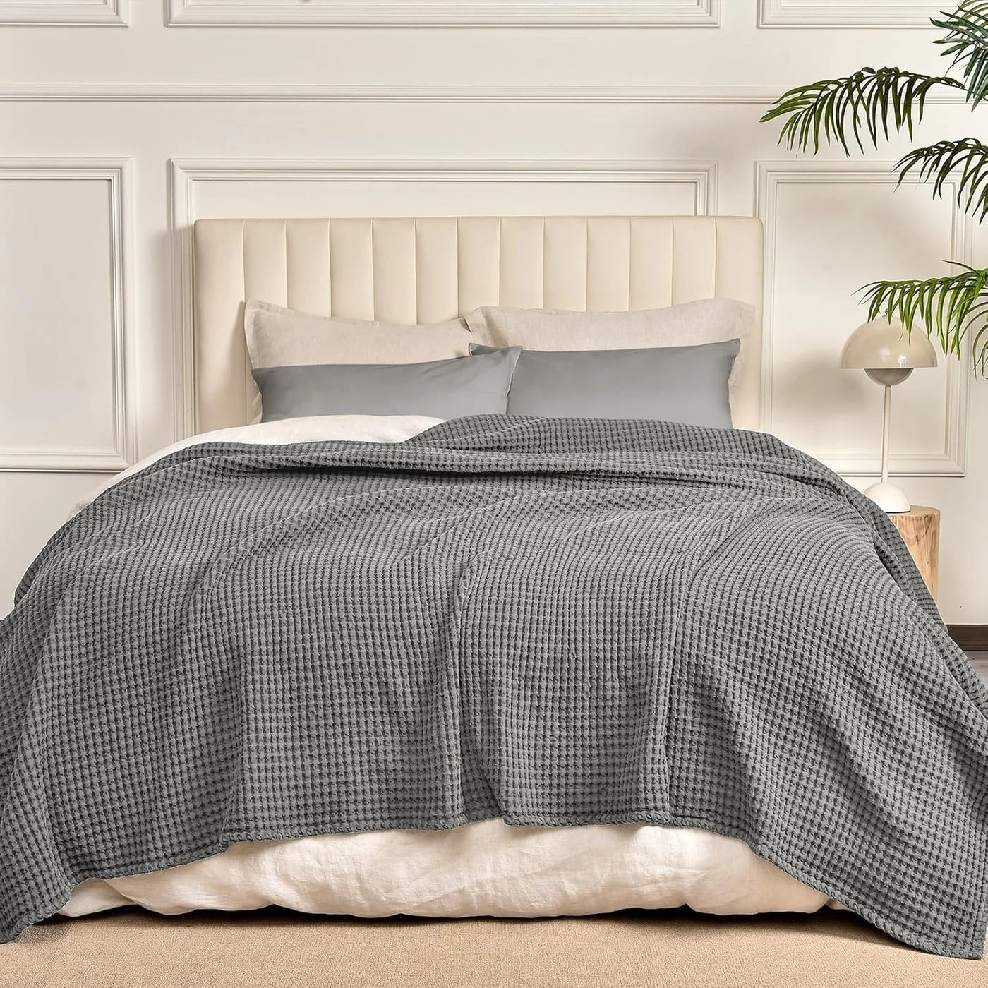 PHF Queen Size Waffle Weave Blanket Washed Cotton Breathable Bedspread (Grey, 230cm x 230cm) l279b