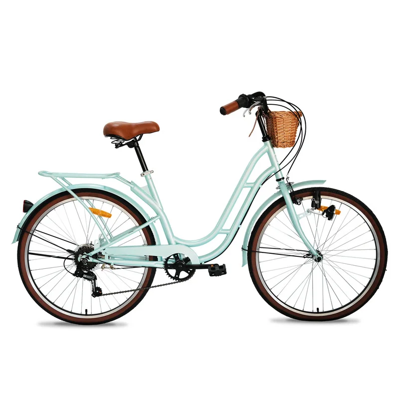 MOGOO Vintage City Bike for Women and Girls, Durable Steel Step-Through Frame with Wicker Basket and LED Headlight (Mint Green, 24-Inch) 7w79h