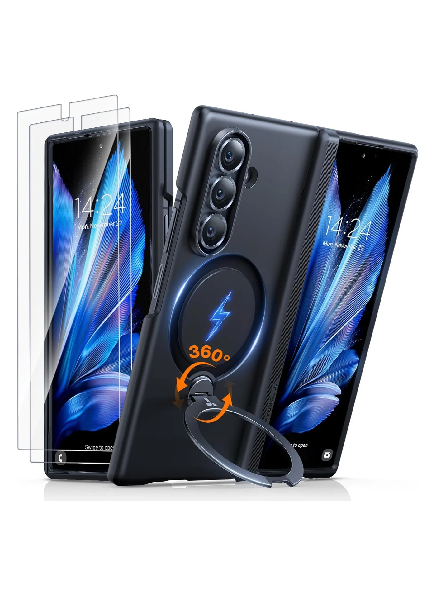 Premium Magnetic Protective Case with 360¡ã Spin Kickstand and Ring Holder for Foldable Smartphones (Black) q7lnu