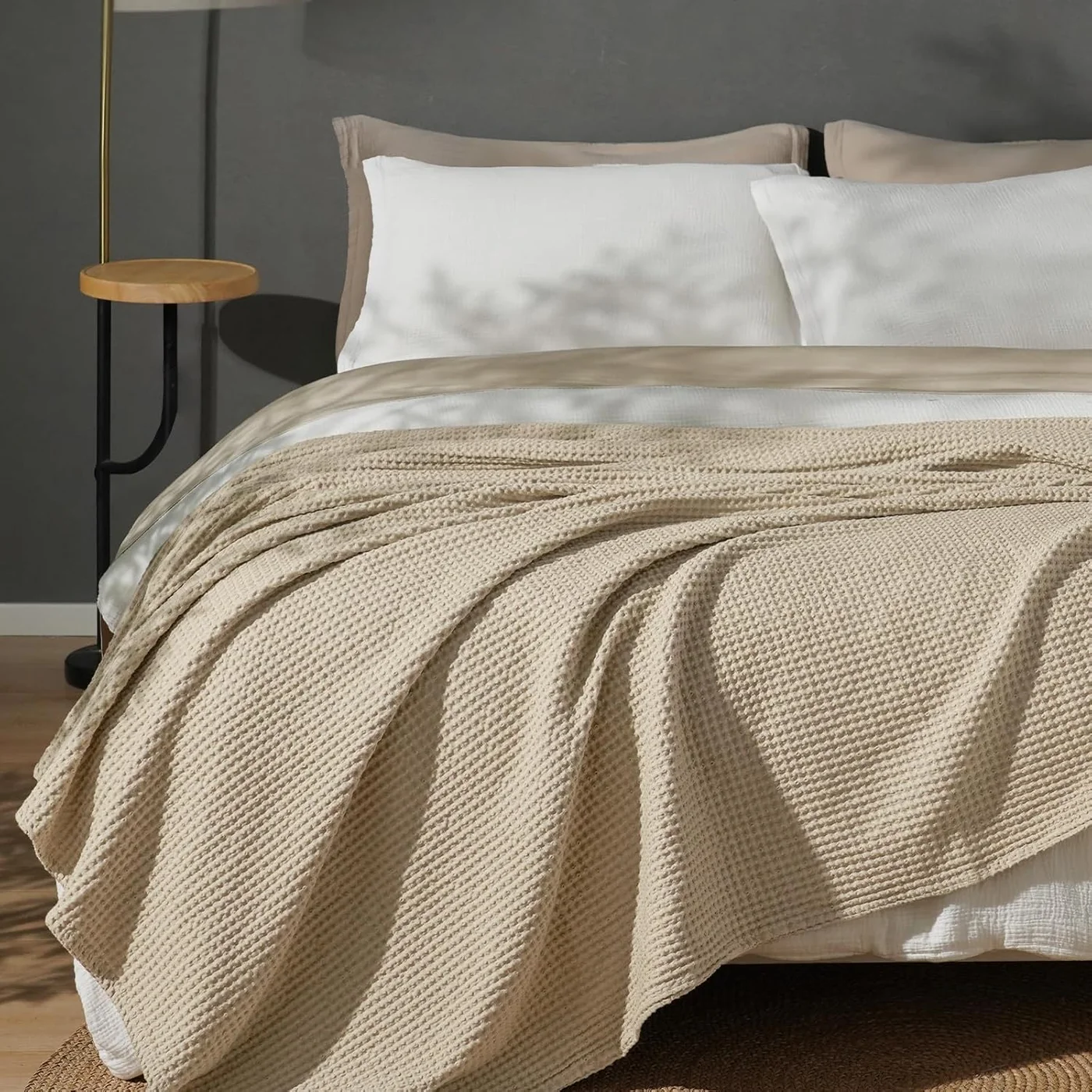 PHF Cotton Waffle Weave Blanket Queen Size (228 cm x 228 cm) Lightweight Breathable Bed Throw for All Seasons (Khaki) qd7q7