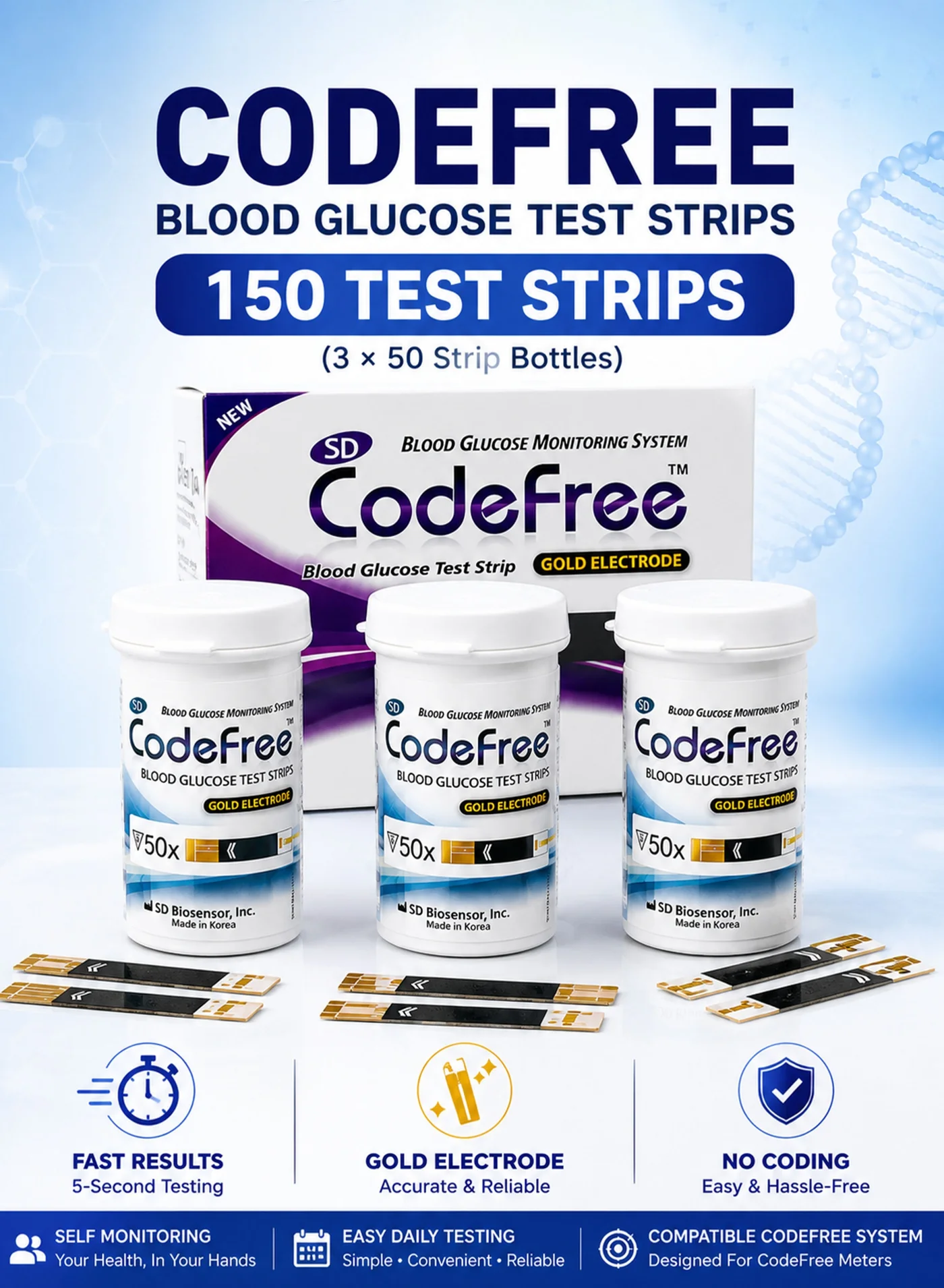 SD Biosensor Blood Glucose Test Strips Gold Electrode Technology (150 Count, 3 x 50 Strips) km5zv