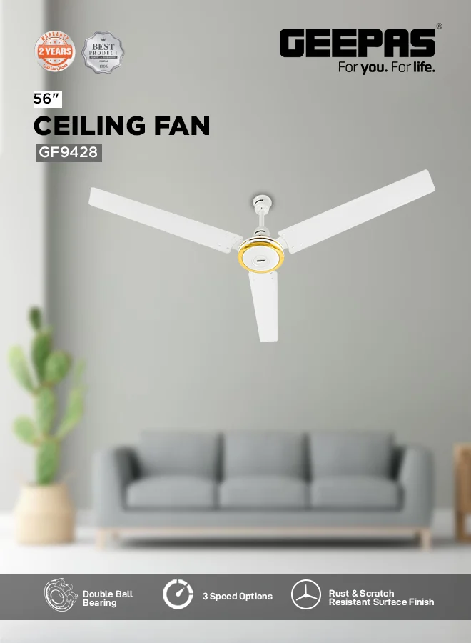 Geepas 56-inch Indoor Ceiling Fan with 3-Speed Control and Durable Metal Body (White, 142 cm) 90bbi