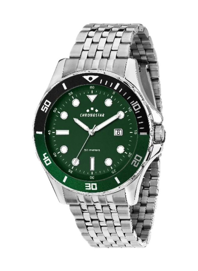 Chronostar Men's Analog Watch Round Green Dial with Silver Stainless Steel Band (43mm) 49mme
