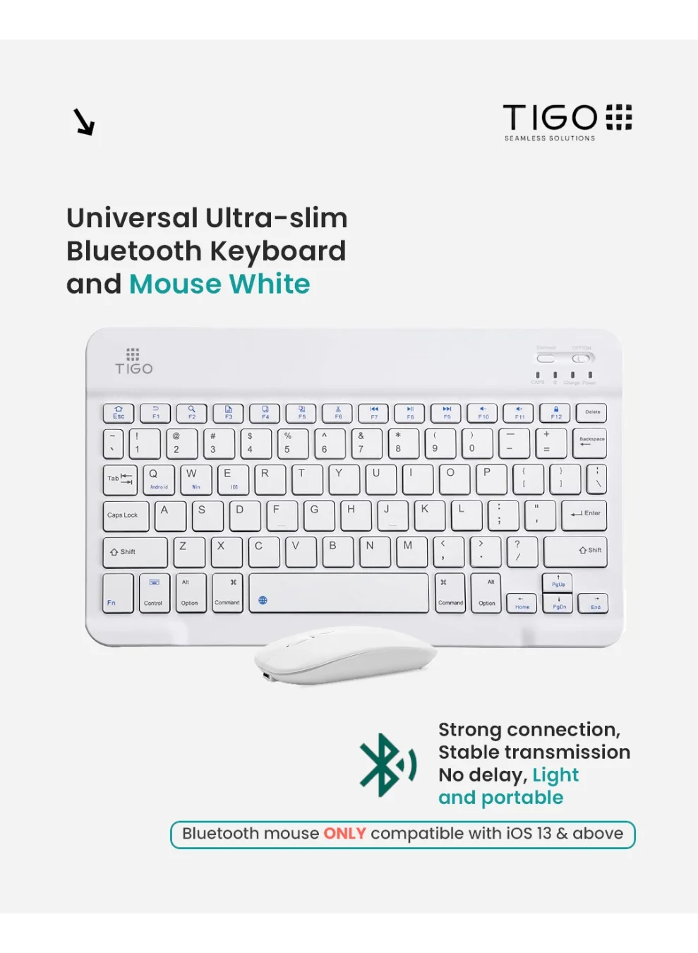 T I G O Wireless Keyboard and Mouse Combo with Arabic and English Layout Ergonomic Silent Keys Ultra Slim Design for Windows Mac Android (White) b24a6