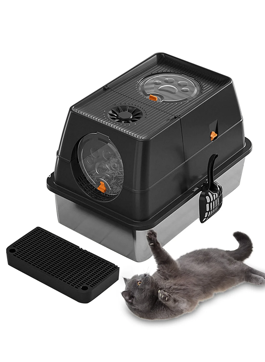 Kidle Stainless Steel Litter Box with Lid and Scoop Extra Large High-Sided Metal Cat Toilet (60 cm x 40 cm x 20 cm) 3heza