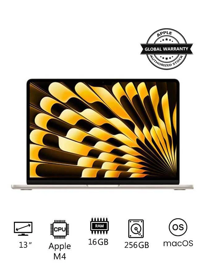 Premium Smart 13-Inch Laptop, M4 Chip 10-Core CPU 8-Core GPU, 16GB RAM, 256GB SSD, macOS, English/Arabic Keyboard (Starlight, 13-Inch) nynex