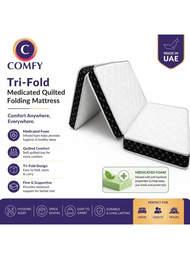 Premium Folding Portable Mattress with Satin Finish and Black Border (White, 180 x 90 x 10 cm) 00s9m