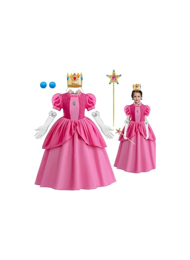 Princess Peach Costume Dress Set with Crown and Earrings for Girls (Pink, 120 cm) h0h1w