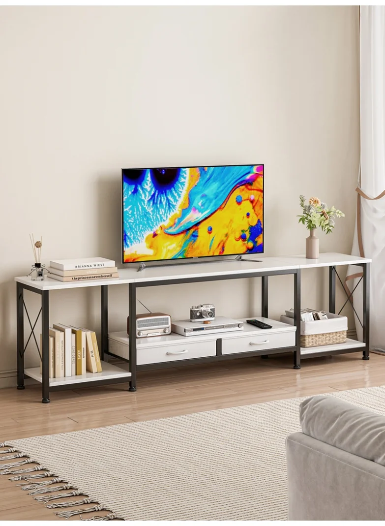 ADEBOLA Modern TV Stand for Living Room with 2 Fabric Drawers and Open Storage Shelves (White, 175x40x50cm) 549ue