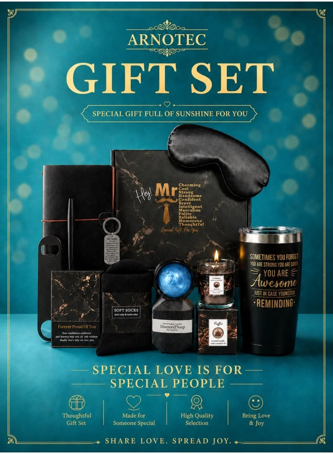 ARNOTEC Premium Spa Gift Basket for Men, Relaxing Self-Care Set with 12 Essential Grooming Items, Perfect Birthday and Anniversary Gift (12-Piece Set) 1vt1k