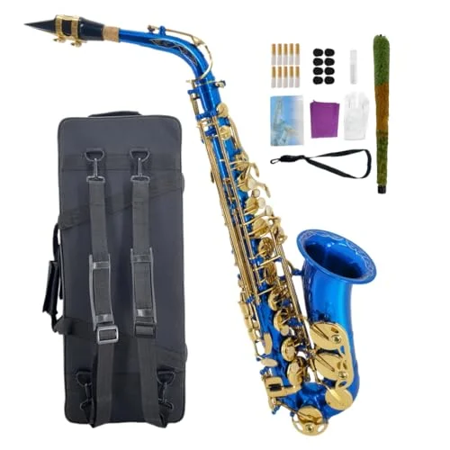 WUQIMUSC Alto Saxophone E Flat Beginner Starter Kit with Carrying Case and 10 Reeds (Blue, Standard Size) kgi8y