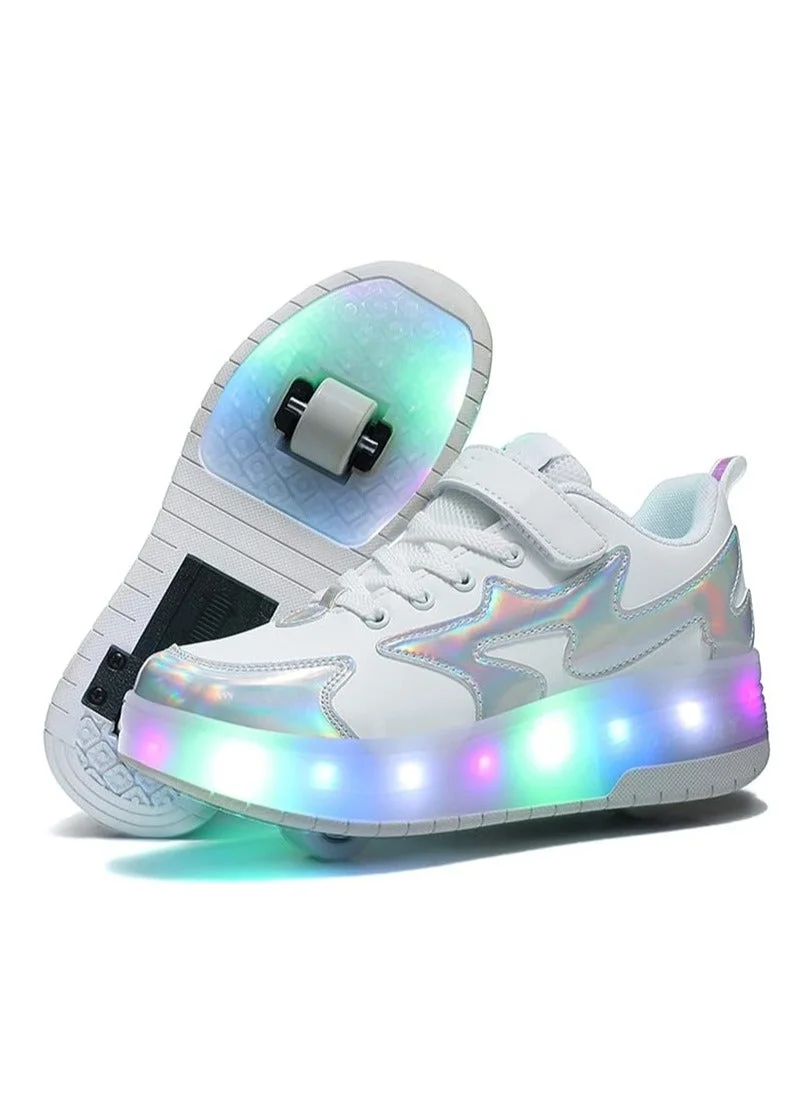 LAMAY Roller Skates for Kids Double Row Luminous Outdoor Skating Shoes (White Silver, 39EU) ip7c7