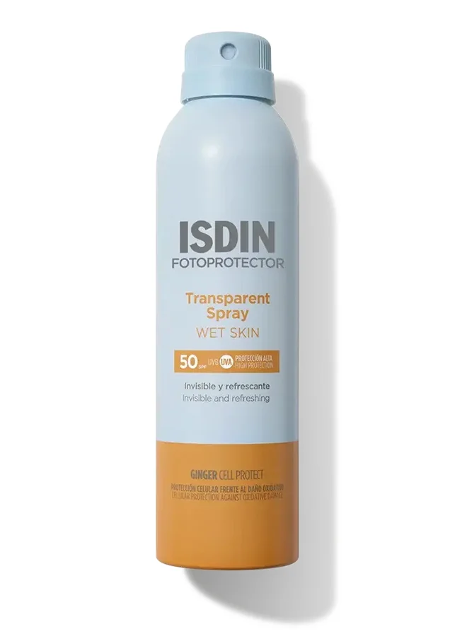 ISDIN Fotoprotector Wet Skin Transparent Spray SPF 50+ Invisible Body Sunscreen Mist (Clear, 250 mL) 5i84j