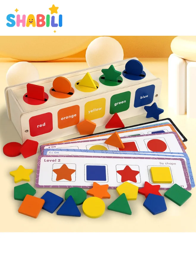 SHABILI Wooden Shape Sorting Box Montessori Educational Toy for Toddlers (25 Blocks, 12 Cards) 3s56m