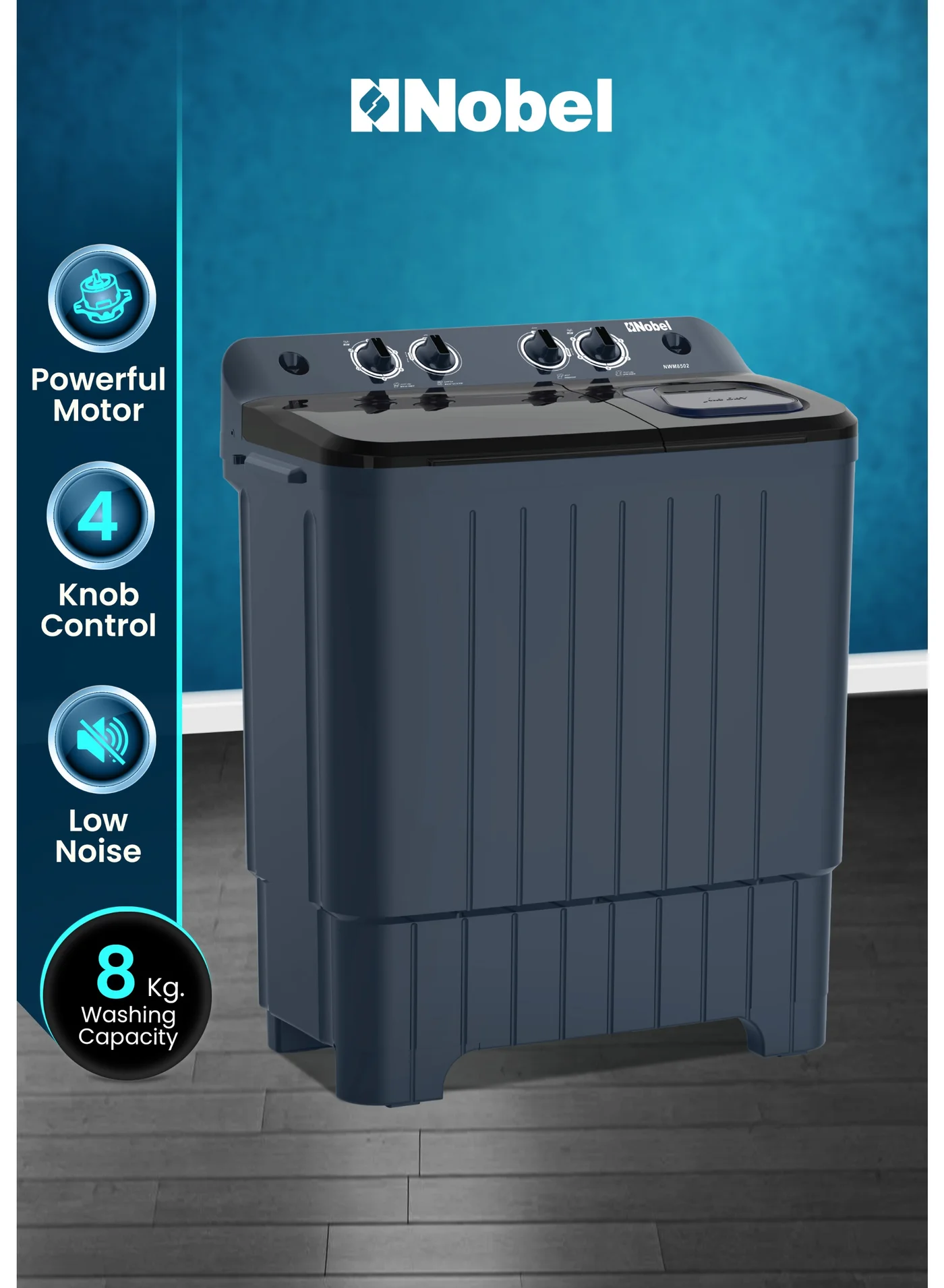 Nobel Semi Automatic Washing Machine Twin Tub with 8 kg Wash and 5.5 kg Spin Capacity (Grey) lbl7u