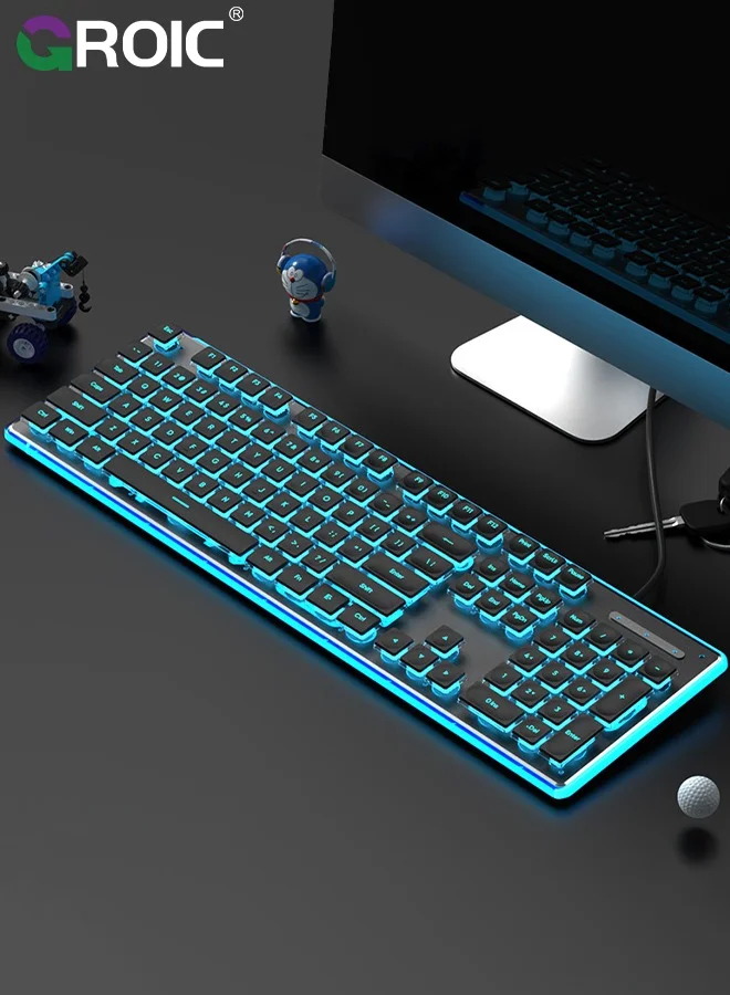 GROIC RGB Gaming Keyboard, Quiet Silent Keys with LED Backlight, Spill-Resistant Design, Dedicated Media Controls (Black, Standard Size) mfszf
